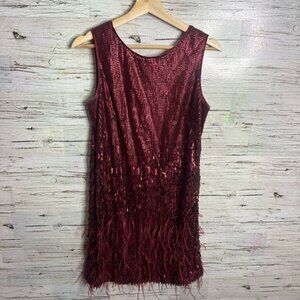 Jessica Simpson Mod Fancy Sequin Feathers Sparkle Dress fringe red size 6
